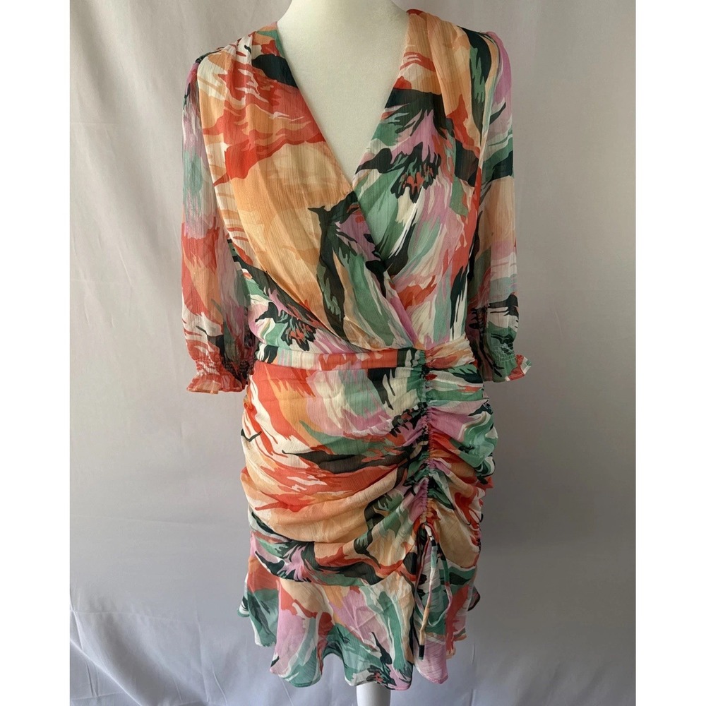 Adelyn Rae Dress Women's Sz Medium Coral Green Ruched Chiffon Floral Ruffle Wrap